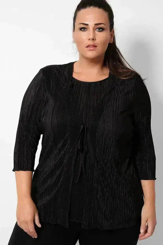 Black Pleated Front Tie Cardigan Overlay Blouse-phoenixpatriotfoundation