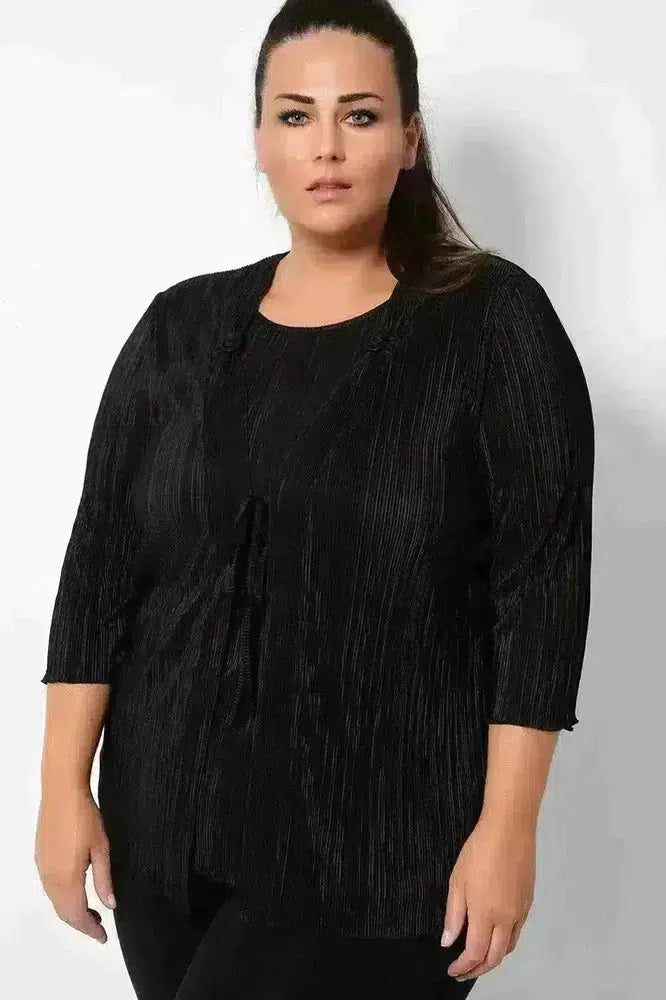 Black Pleated Front Tie Cardigan Overlay Blouse-phoenixpatriotfoundation