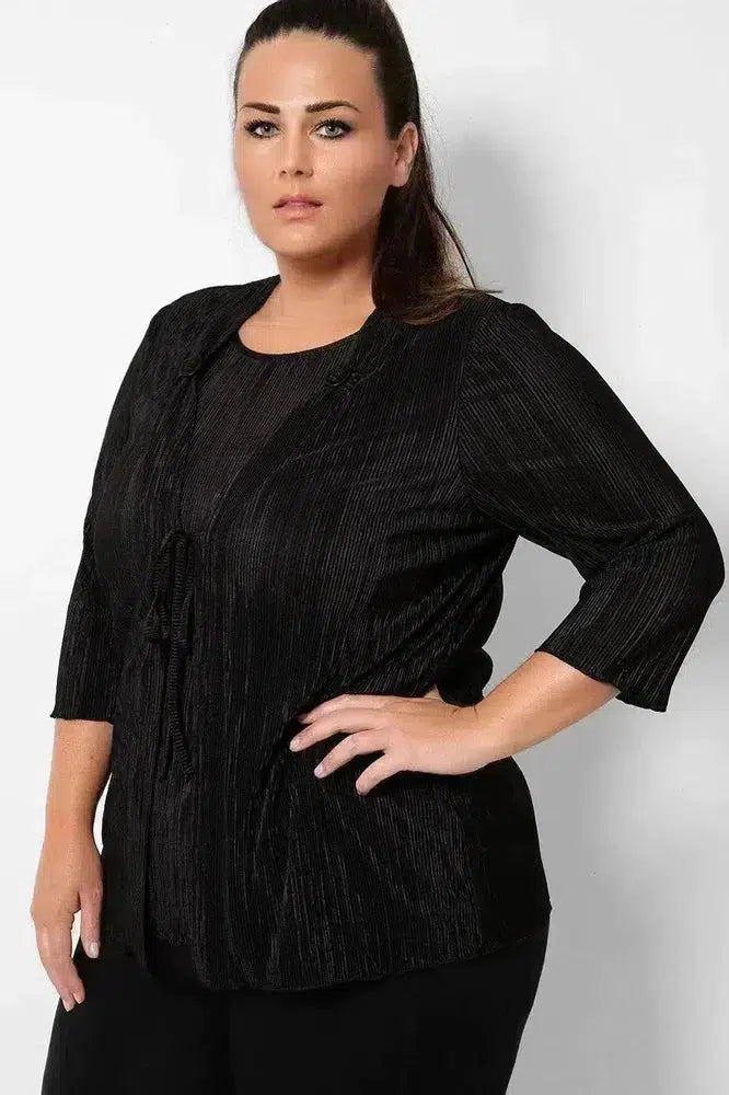 Black Pleated Front Tie Cardigan Overlay Blouse-phoenixpatriotfoundation