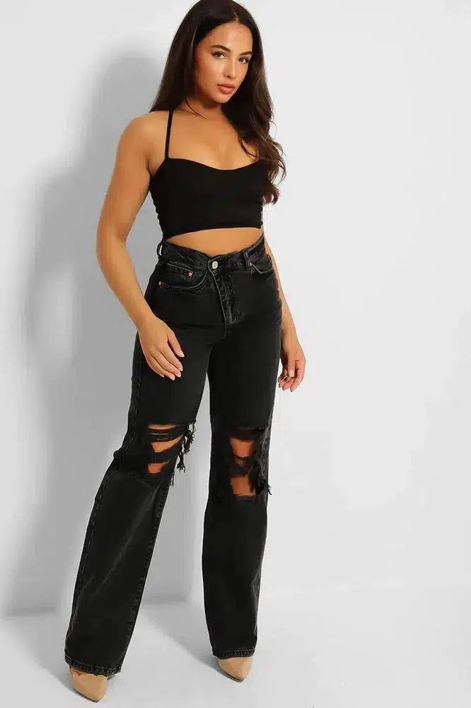 Charcoal Black Ripped Front Asymmetric Zip Wide Leg Jeans-phoenixpatriotfoundation