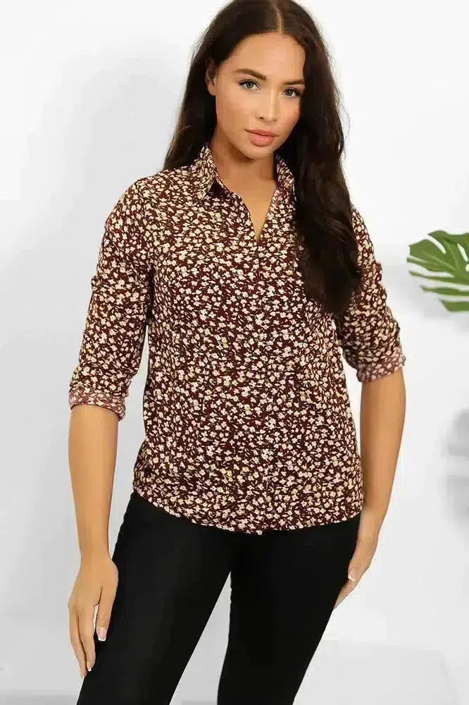 Burgundy Floral Print Classic Shirt-phoenixpatriotfoundation