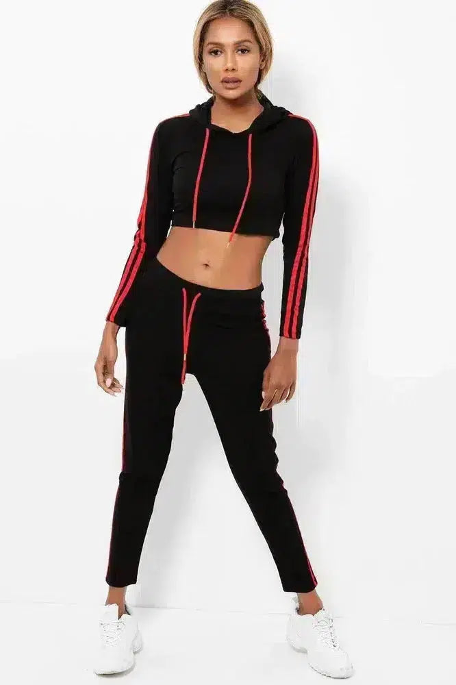 Double Red Stripe Cropped Hoodie Black 2 Piece Tracksuit-phoenixpatriotfoundation