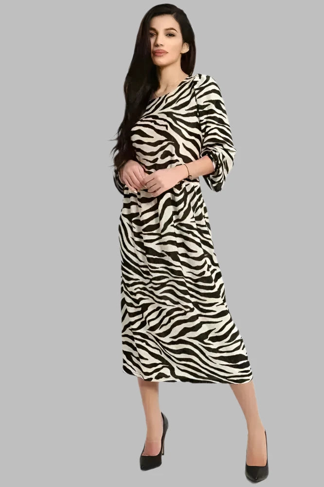 Beige Black Zebra Print Pleated Balloon Sleeves Midi Dress-phoenixpatriotfoundation