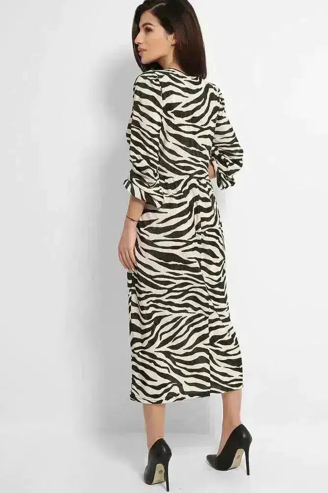 Beige Black Zebra Print Pleated Balloon Sleeves Midi Dress-phoenixpatriotfoundation