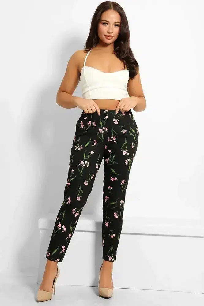 Black Floral Print Smart Trousers-phoenixpatriotfoundation