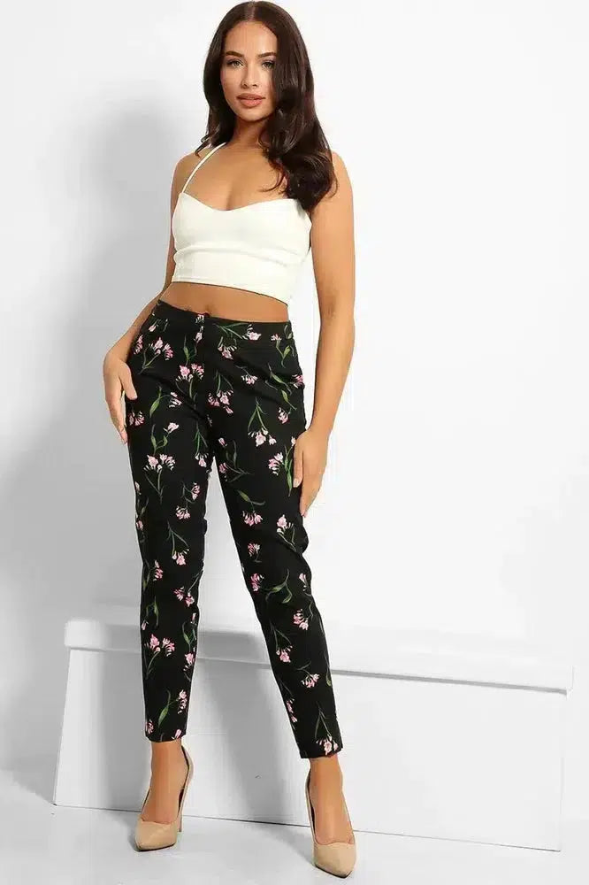 Black Floral Print Smart Trousers-phoenixpatriotfoundation