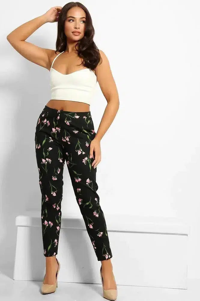 Black Floral Print Smart Trousers-phoenixpatriotfoundation