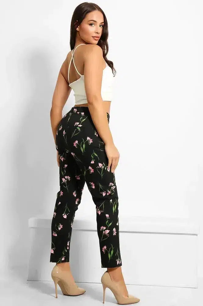 Black Floral Print Smart Trousers-phoenixpatriotfoundation