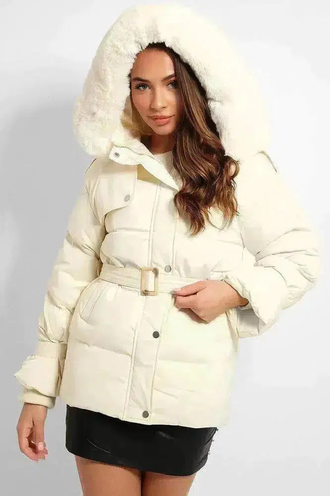 Cream Self-Tie Faux Fur Hood Puffer Jacket-phoenixpatriotfoundation