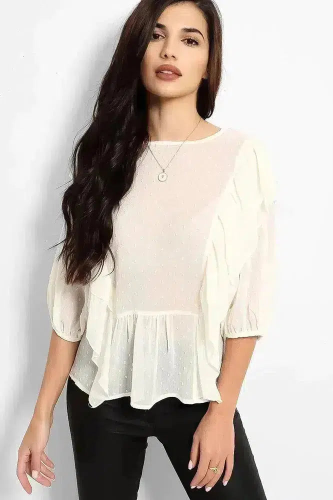 Cream Dobby Mesh Frill Details Blouse-phoenixpatriotfoundation