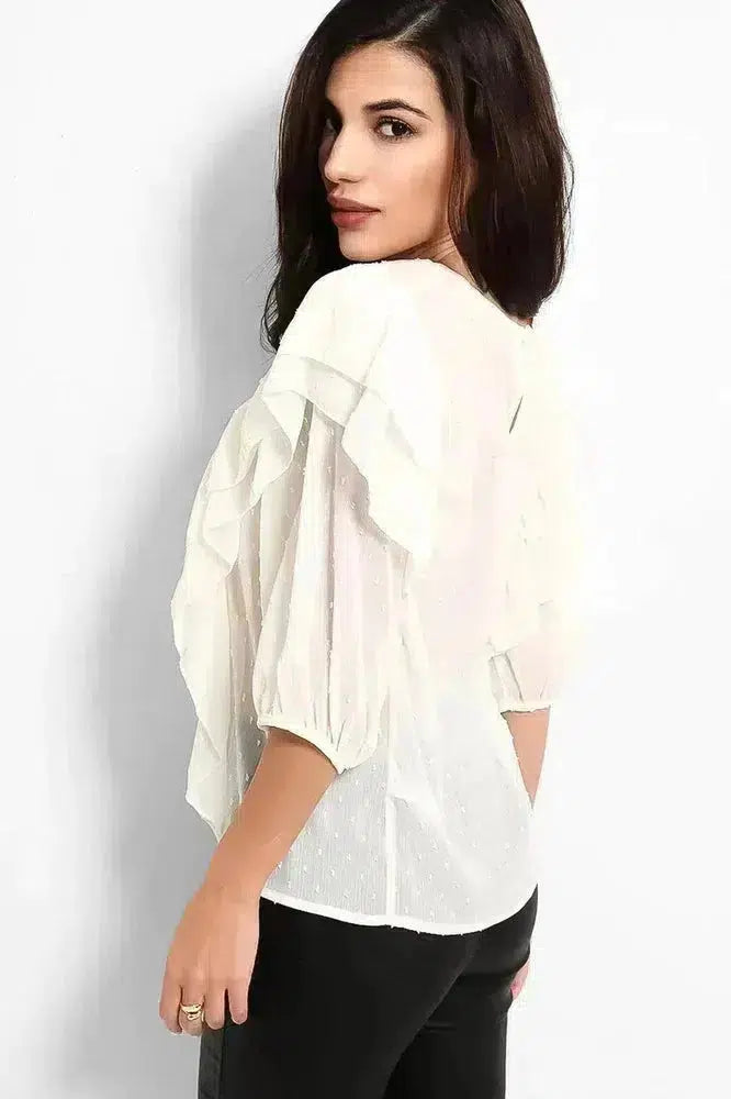 Cream Dobby Mesh Frill Details Blouse-phoenixpatriotfoundation