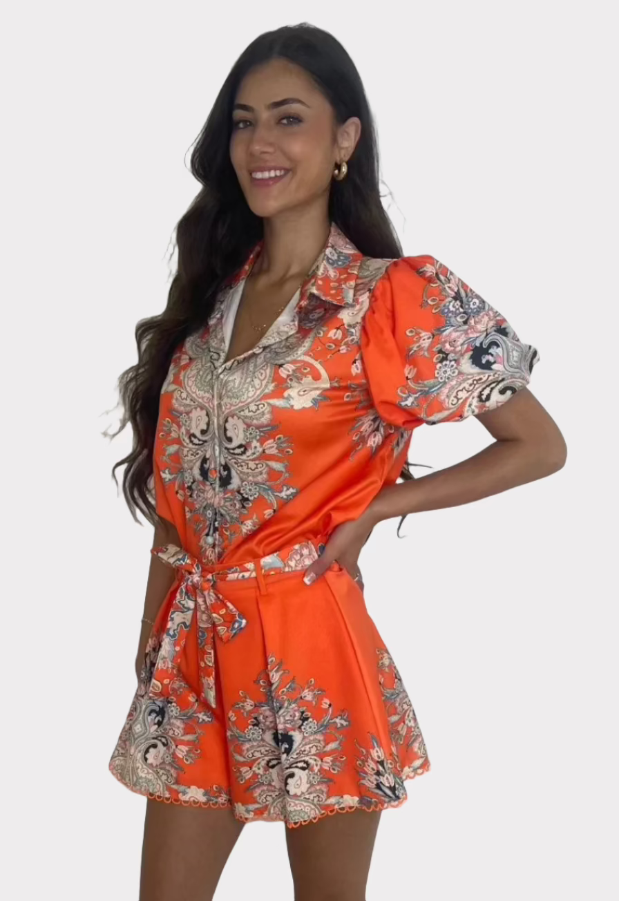 Satin Paisley Print Blouse And Tie Up Skater Shorts Co-Ord Set-phoenixpatriotfoundation